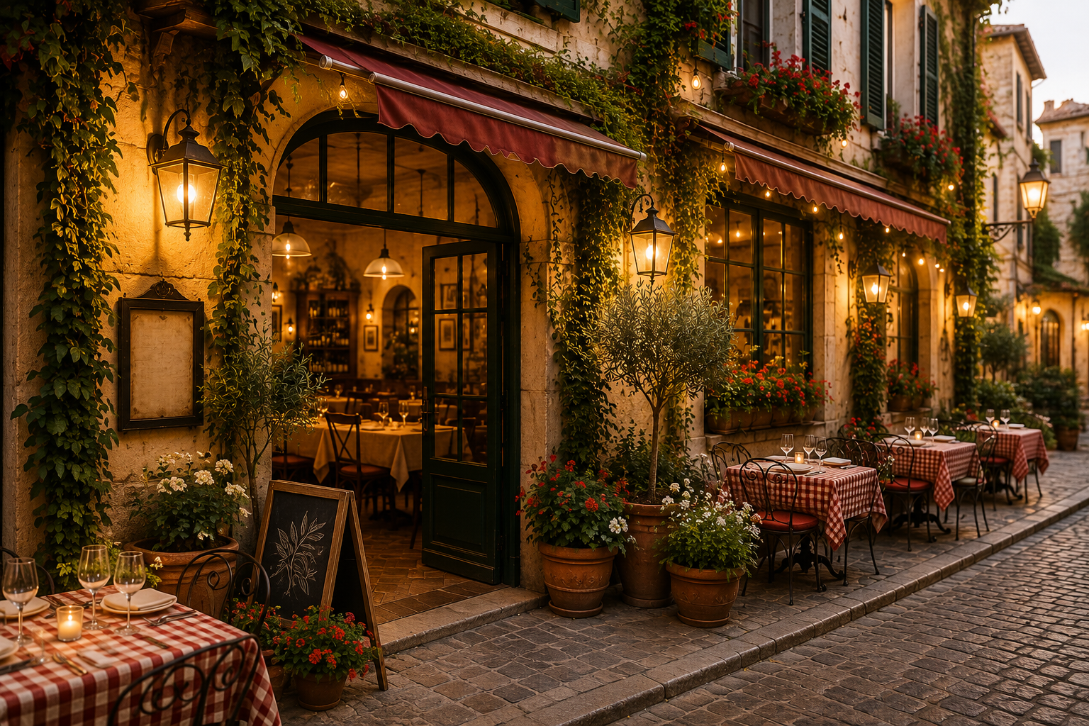 Italian restaurant exterior at evening
