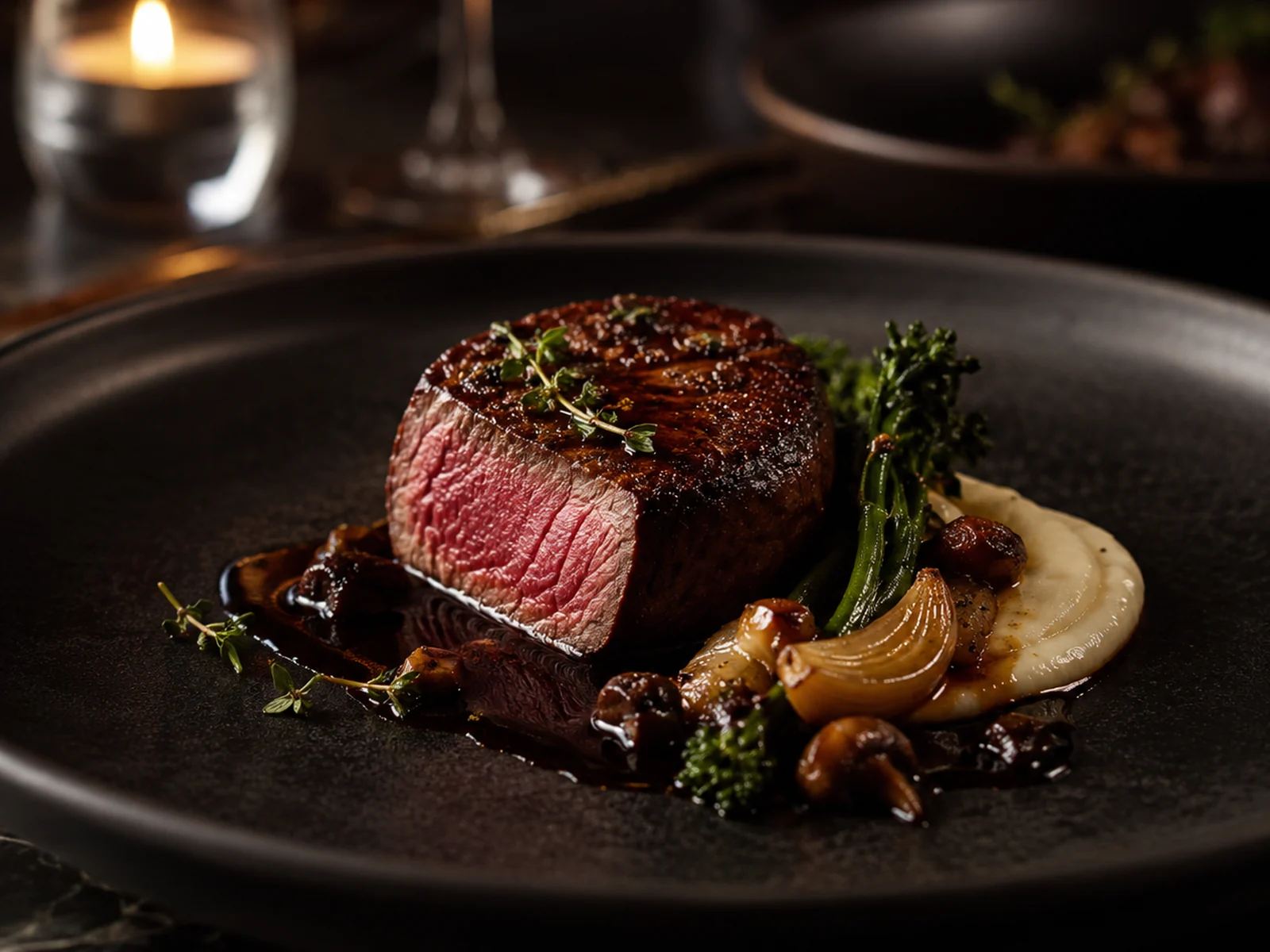 Steak service with dark tableware