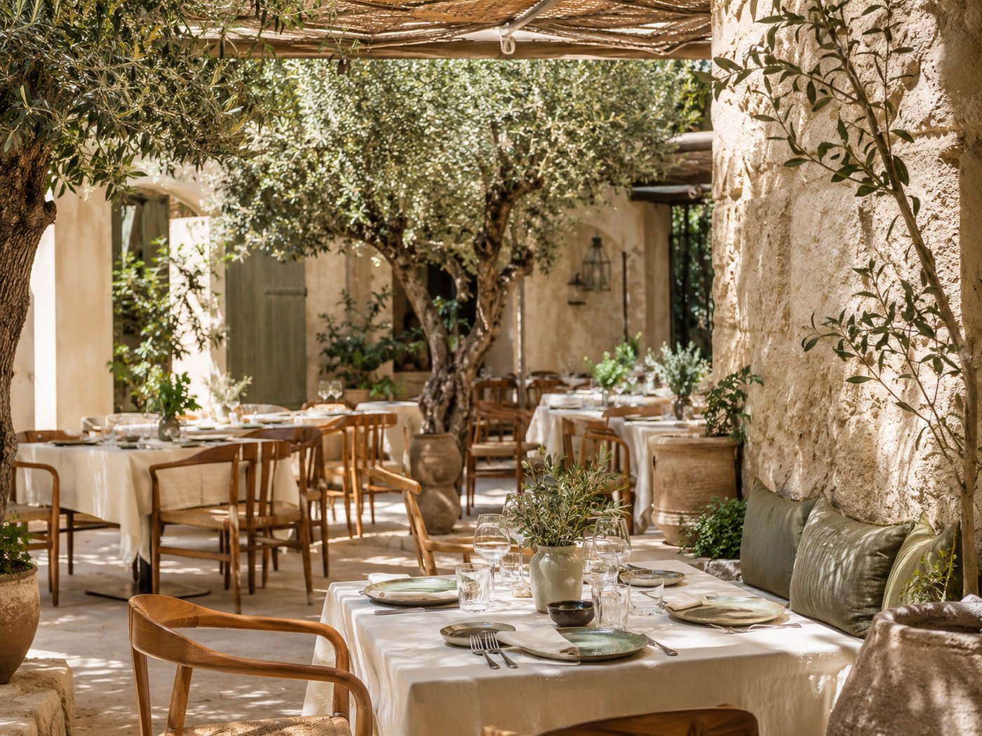 Sunny Mediterranean courtyard dining