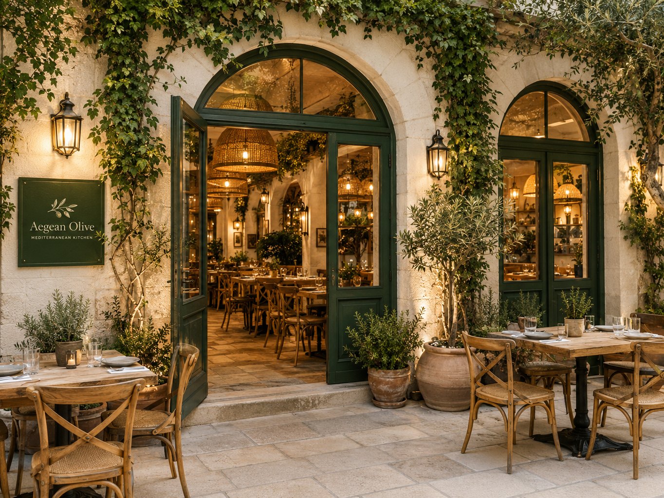 Aegean Olive evening storefront